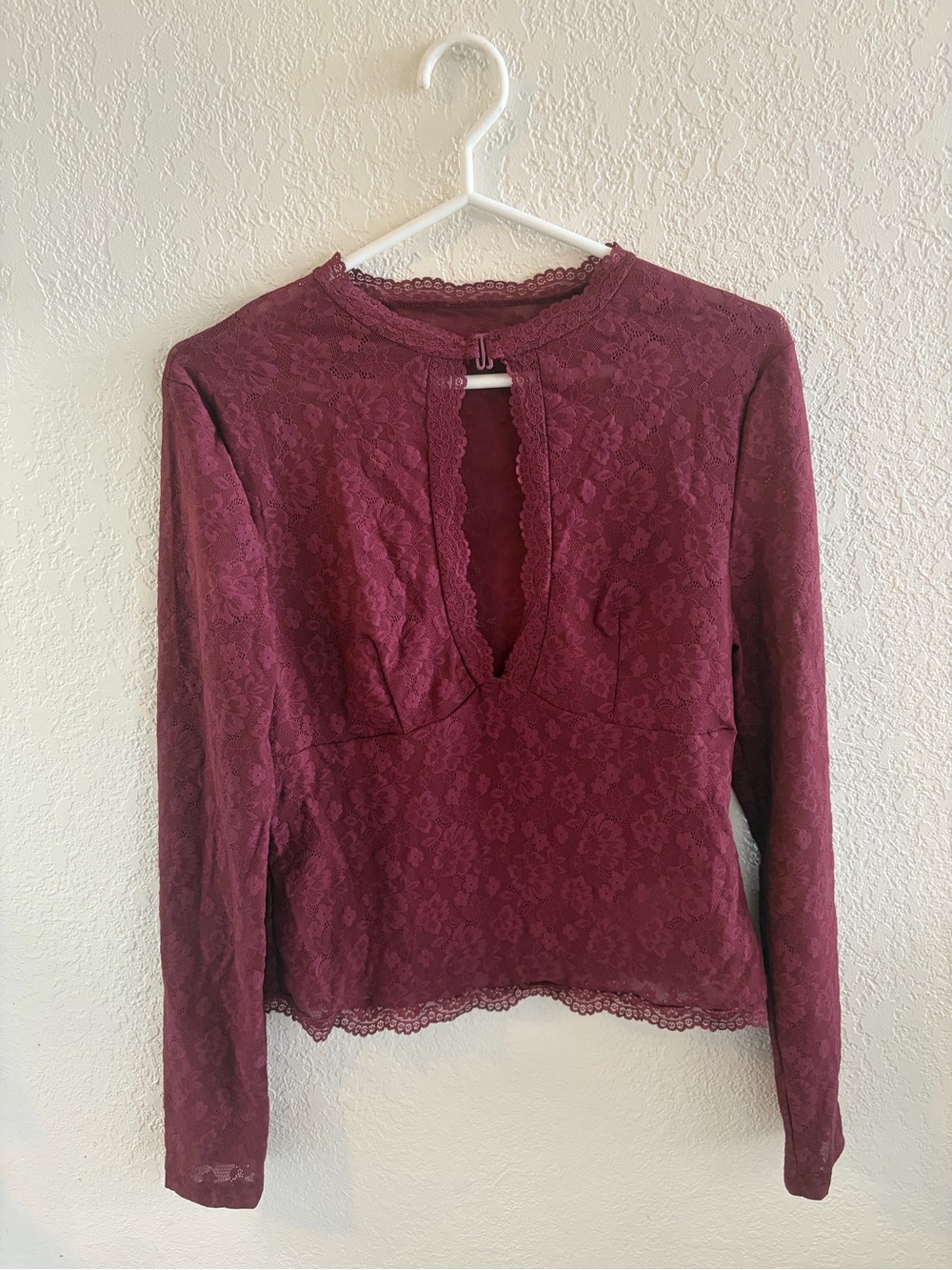 Lace Long-Sleeve V-Neck Top - Burgundy